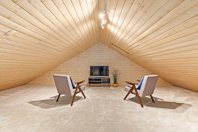 additional living space featuring carpet, lofted ceiling, wooden ceiling, and wood walls