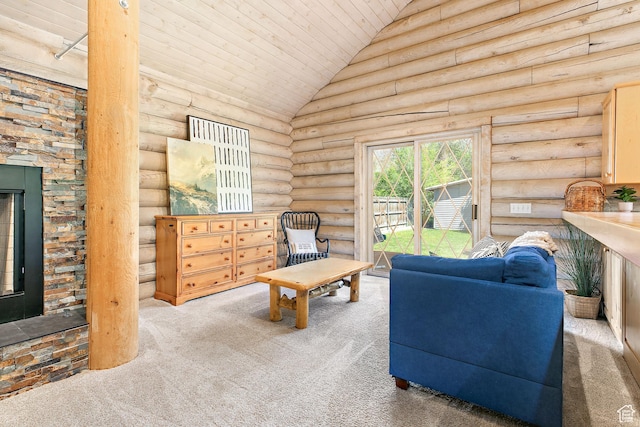 carpeted living area featuring wooden ceiling, log walls, and vaulted ceiling