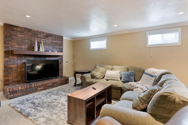 living area with baseboards, a fireplace, crown molding, carpet flooring, and recessed lighting