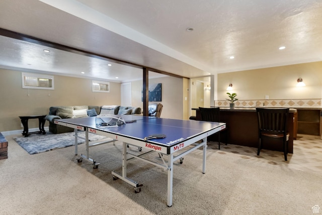 game room featuring light colored carpet and recessed lighting