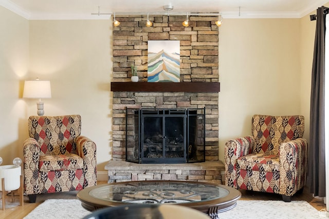 living area with wood finished floors, rail lighting, ornamental molding, and a fireplace