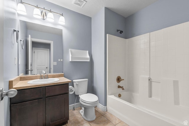 full bath with toilet, tile patterned floors, shower / bath combination, vanity, and baseboards