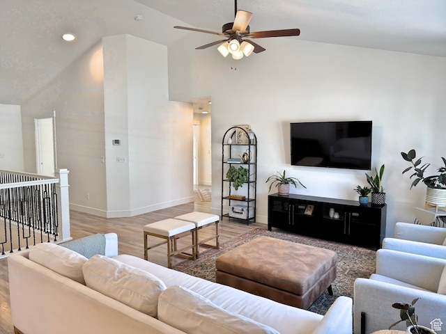 167 E Craner Peak Dr, Eagle Mountain, UT 84005 - living area featuring ceiling fan, wood finished floors, baseboards, recessed lighting, and high vaulted ceiling