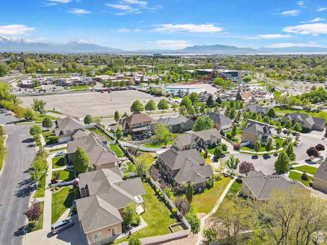 aerial view of residential area with a mountain backdrop