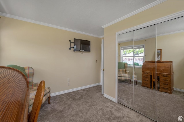 living area featuring carpet flooring, ornamental molding, and baseboards