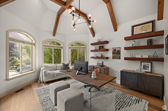 1161 Woodcrest Ln, North Salt Lake, UT 84054 - home office with light wood finished floors, beamed ceiling, a chandelier, and high vaulted ceiling