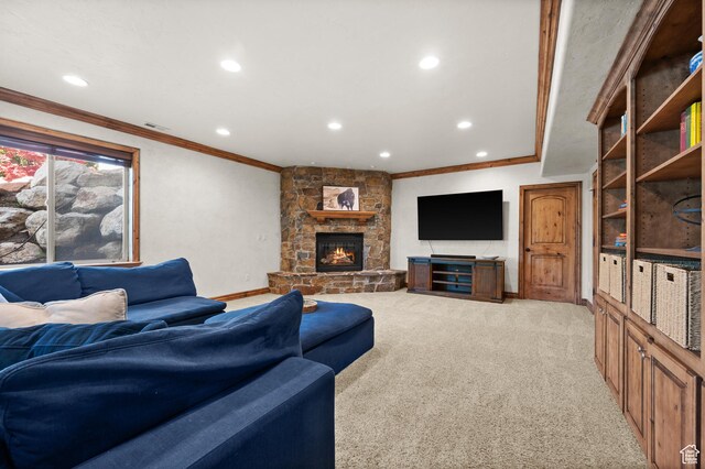 1161 Woodcrest Ln, North Salt Lake, UT 84054 - living room with crown molding, recessed lighting, light colored carpet, a fireplace, and baseboards