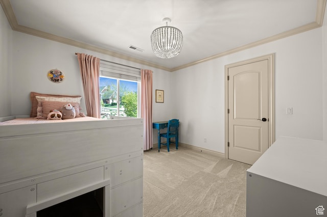 1161 Woodcrest Ln, North Salt Lake, UT 84054 - bedroom featuring a chandelier, light colored carpet, crown molding, and baseboards
