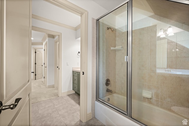 1161 Woodcrest Ln, North Salt Lake, UT 84054 - full bath with shower / bath combination with glass door, tile patterned floors, crown molding, vanity, and baseboards