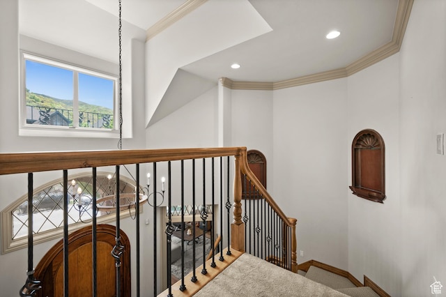 1161 Woodcrest Ln, North Salt Lake, UT 84054 - stairway featuring recessed lighting, crown molding, and baseboards