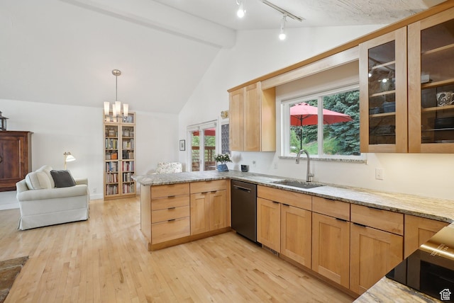 kitchen featuring a sink, stainless steel dishwasher, a peninsula, light wood-style flooring, and light brown cabinets