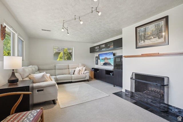 carpeted living room with healthy amount of natural light, a textured ceiling, and a fireplace with flush hearth