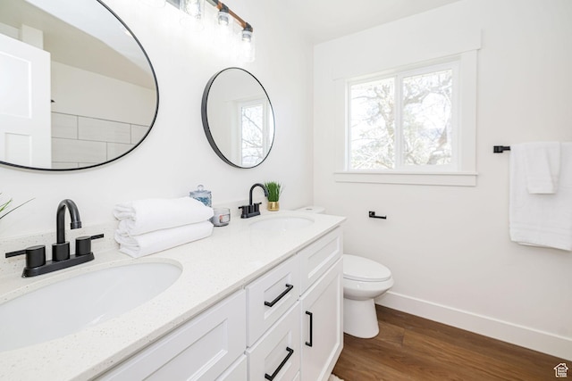 bathroom with baseboards, toilet, wood finished floors, and double vanity