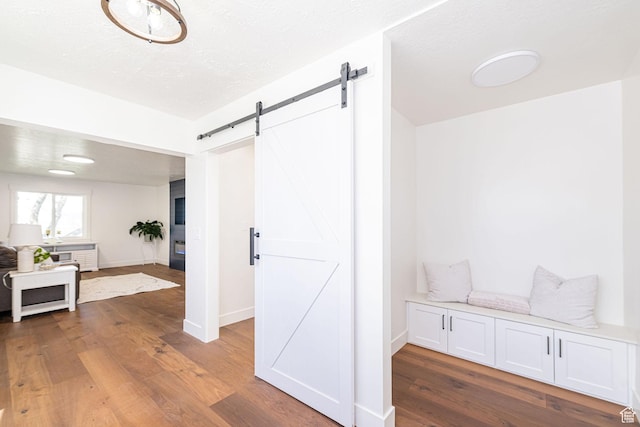 mudroom featuring a barn door, wood finished floors, and baseboards