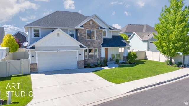 1340 S 740 E, Lehi, UT 84043 - craftsman house with stone siding, a garage, driveway, a gate, and a shingled roof