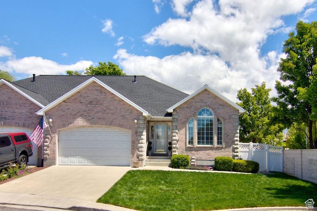 view of front facade with brick siding, an attached garage, driveway, and a shingled roof