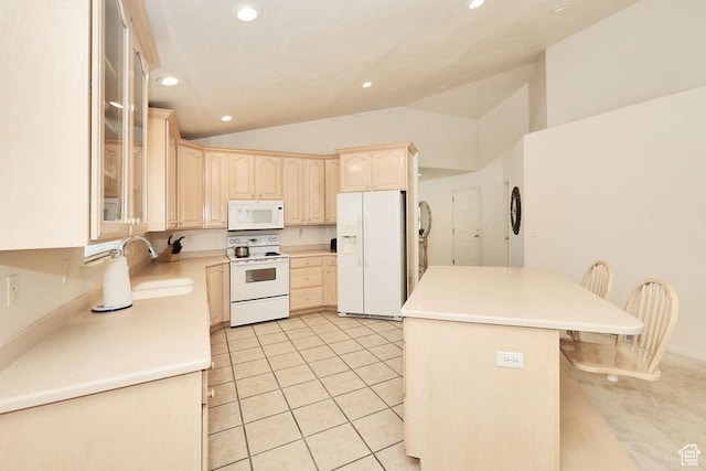 kitchen featuring white appliances, light brown cabinets, lofted ceiling, recessed lighting, and glass insert cabinets
