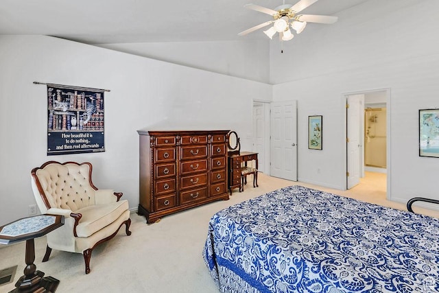 carpeted bedroom with a ceiling fan, high vaulted ceiling, and baseboards