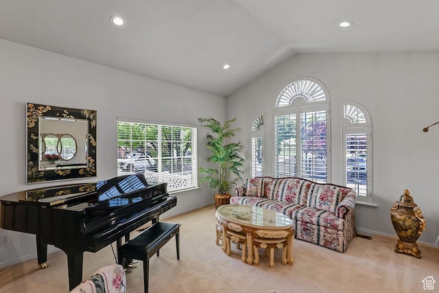sitting room featuring vaulted ceiling, carpet flooring, baseboards, and recessed lighting