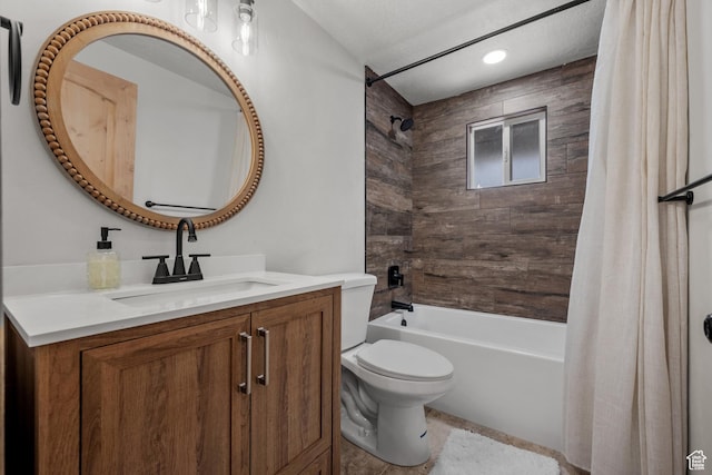 bathroom featuring shower / tub combo with curtain, toilet, and vanity