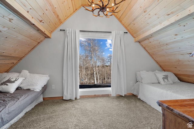 carpeted bedroom featuring a chandelier, wood ceiling, lofted ceiling, and baseboards