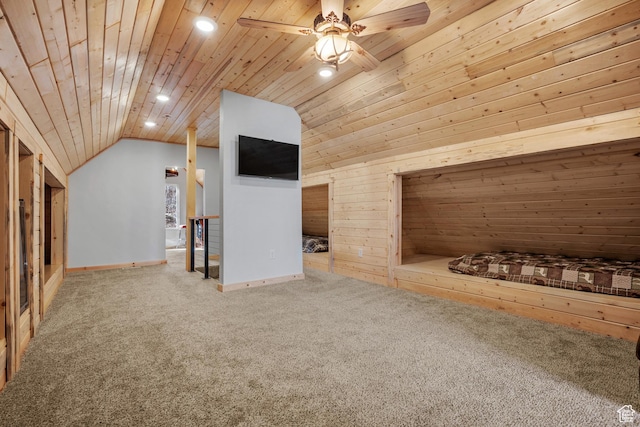 additional living space featuring lofted ceiling, carpet, recessed lighting, wood ceiling, and ceiling fan
