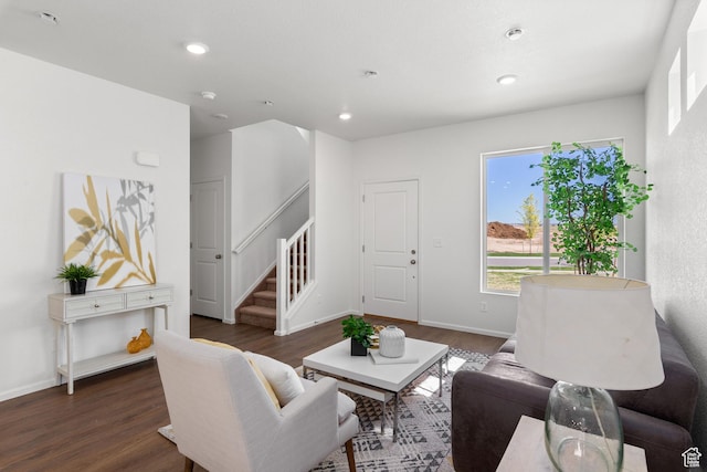 342 N Colonnade Rd Unit 989, Saratoga Springs, UT 84045 - living room featuring stairs, wood finished floors, recessed lighting, and baseboards
