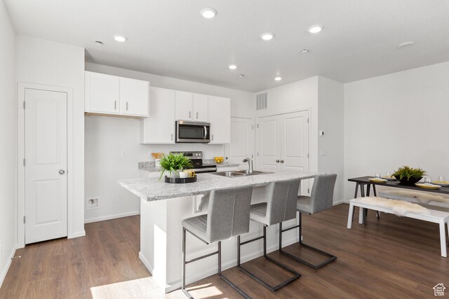 342 N Colonnade Rd Unit 989, Saratoga Springs, UT 84045 - kitchen with appliances with stainless steel finishes, a sink, white cabinets, dark wood-style floors, and a kitchen island with sink