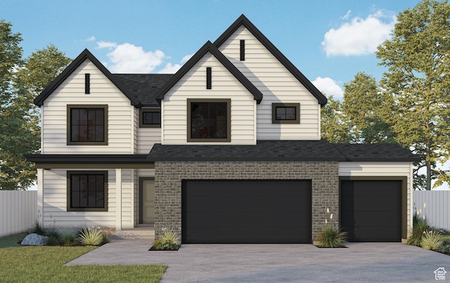 view of front of home with brick siding, fence, concrete driveway, and a shingled roof