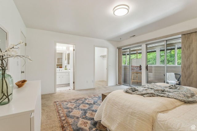 bedroom with multiple windows, light carpet, baseboards, and access to outside