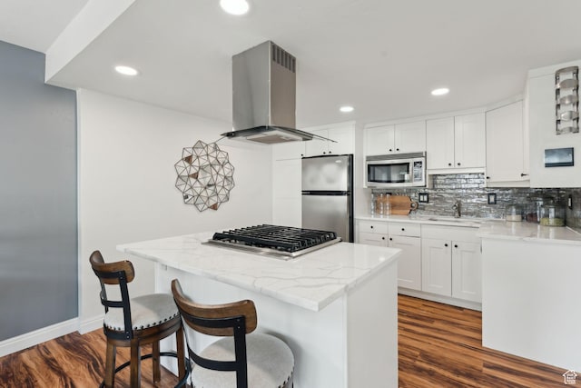 kitchen with appliances with stainless steel finishes, ventilation hood, dark wood-type flooring, a sink, and recessed lighting
