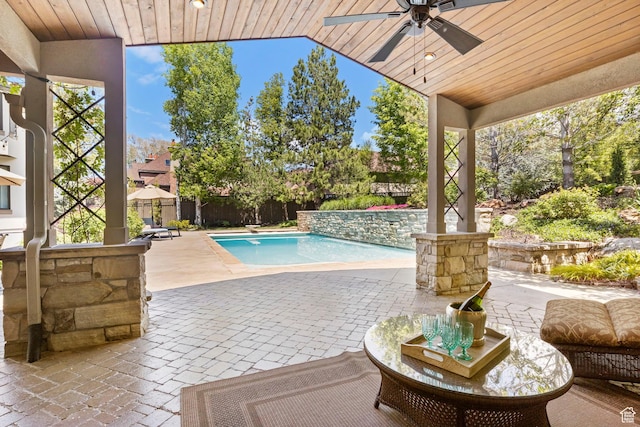 view of swimming pool featuring a ceiling fan, a patio, and a fenced backyard