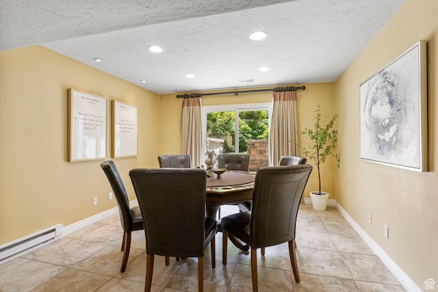 dining space featuring baseboard heating, a textured ceiling, recessed lighting, baseboards, and light tile patterned floors