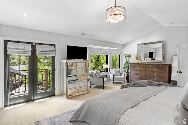 bedroom with french doors, access to exterior, carpet, lofted ceiling, and a chandelier