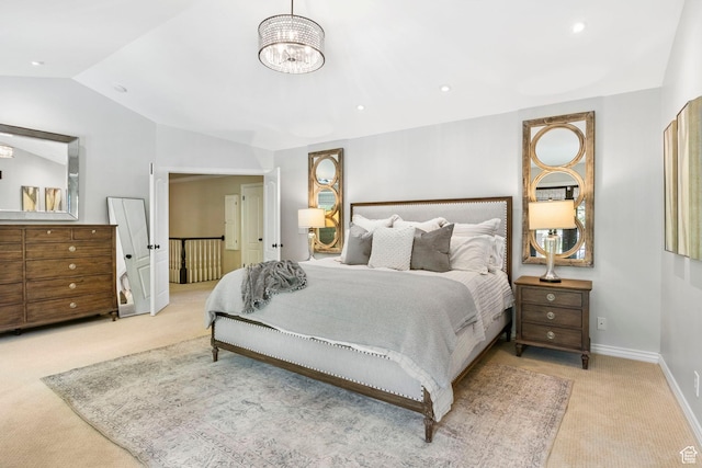 bedroom featuring carpet floors, vaulted ceiling, baseboards, a chandelier, and recessed lighting