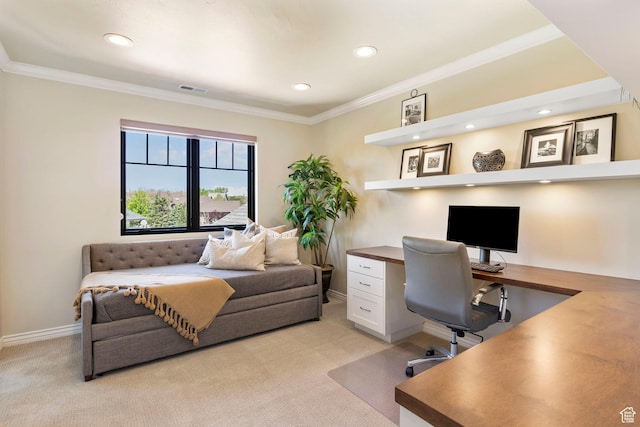 office area featuring light carpet, recessed lighting, baseboards, and ornamental molding