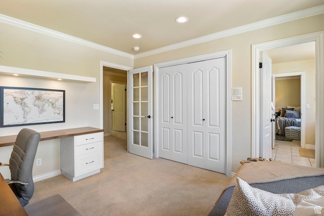 home office featuring ornamental molding, recessed lighting, baseboards, light colored carpet, and french doors