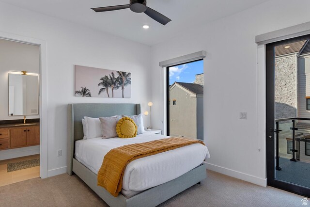 833 W Savoy Ln, St George, UT 84790 - bedroom featuring light carpet, baseboards, ensuite bathroom, and recessed lighting