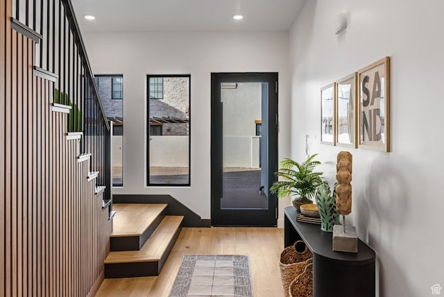 833 W Savoy Ln, St George, UT 84790 - doorway featuring wood finished floors, recessed lighting, and stairway