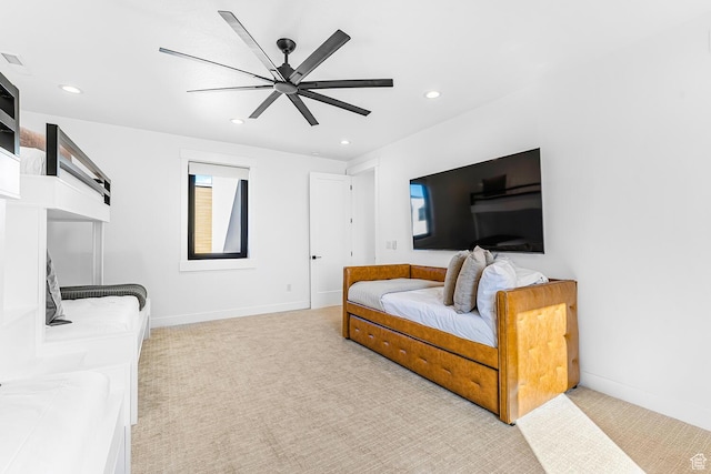bedroom with recessed lighting, carpet, baseboards, and ceiling fan