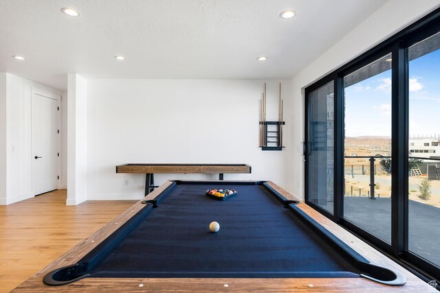 game room with wood finished floors, recessed lighting, billiards table, and baseboards