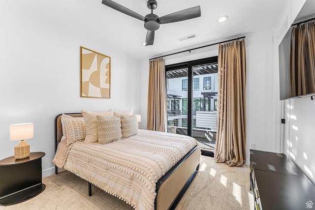 bedroom featuring access to outside, light colored carpet, ceiling fan, recessed lighting, and baseboards