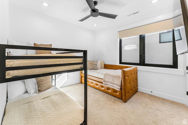 bedroom featuring carpet flooring, recessed lighting, a ceiling fan, and baseboards
