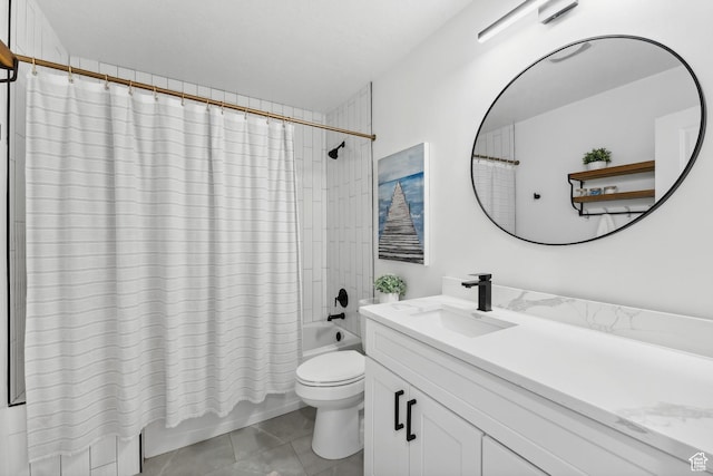 full bath featuring shower / tub combo, toilet, vanity, and tile patterned flooring
