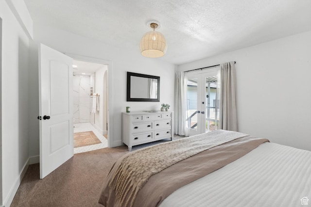 bedroom featuring access to outside, carpet flooring, french doors, baseboards, and a textured ceiling