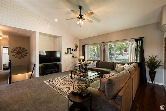 1243 E 1450 N, Lehi, UT 84043 - living area featuring a ceiling fan, dark colored carpet, and high vaulted ceiling