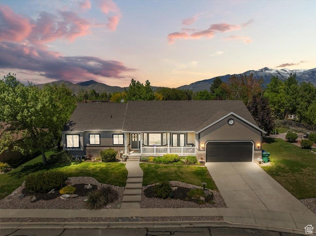 1243 E 1450 N, Lehi, UT 84043 - ranch-style home featuring covered porch, a mountain view, a garage, and a front yard