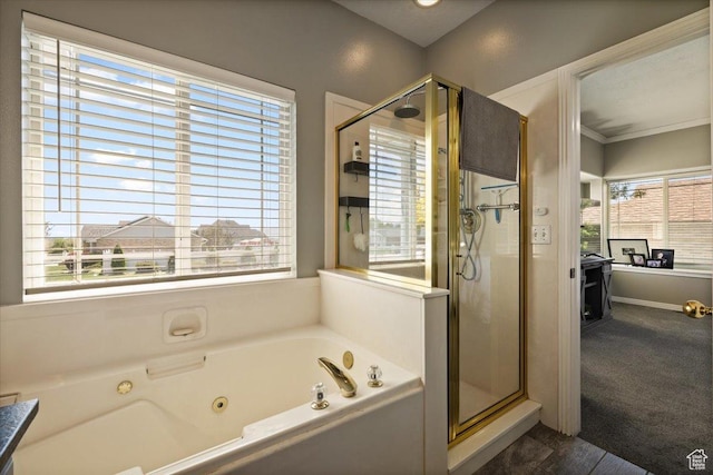 1243 E 1450 N, Lehi, UT 84043 - bathroom with a shower stall, a whirlpool tub, and ornamental molding