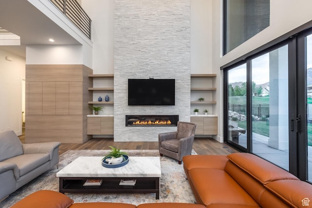 9969 S Altamont Dr E, Sandy, UT 84092 - living room with wood finished floors, a stone fireplace, and a high ceiling