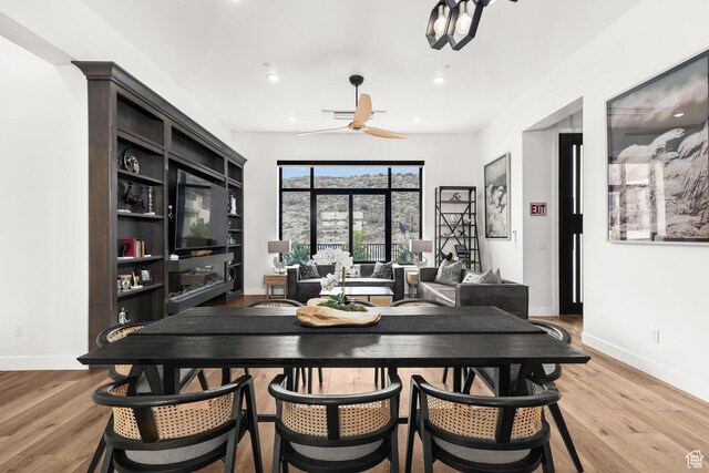 dining area featuring ceiling fan, light wood finished floors, baseboards, and recessed lighting
